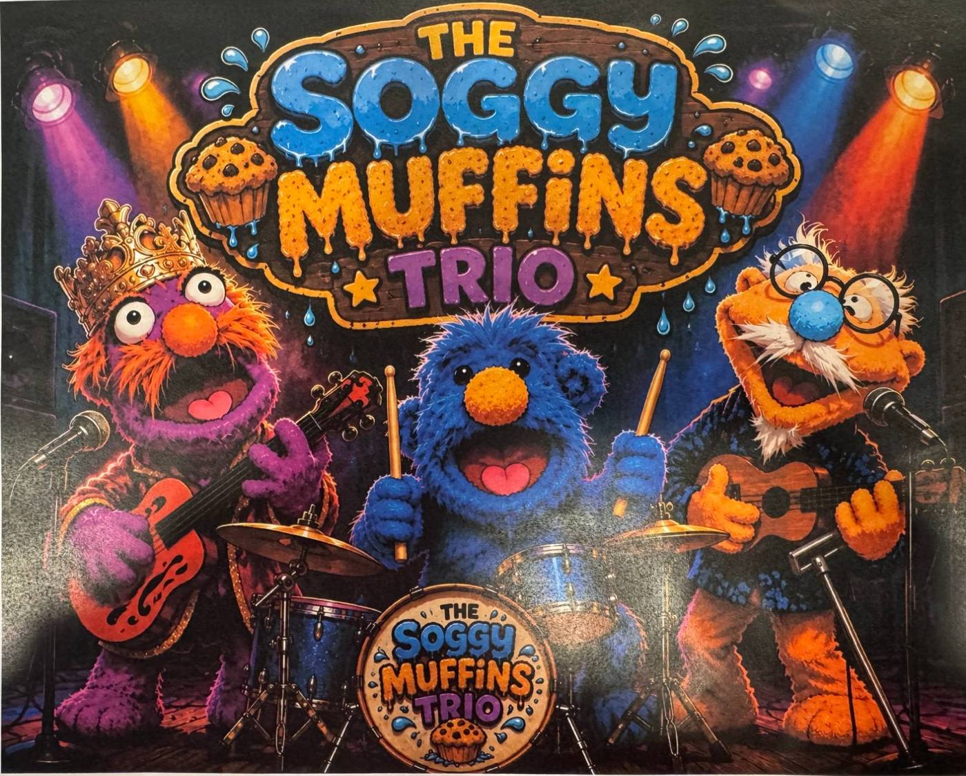 The Soggy Muffins Trio poster. On the left, King Floyd, a purple puppet in a gold crown, plays a red bass. In the middle, Julius, a blue puppet, plays drums. On the right, Charles Underwood, an orange puppet with round glasses and a white moustache, plays a ukulele. A dripping muffin logo hangs overhead.