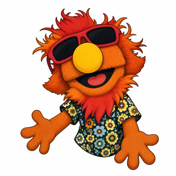 Beebop, an orange-red puppet in big red sunglasses and a flowery shirt (playbill render)