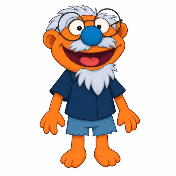 Charles Underwood, an orange puppet with wild grey hair, round glasses and a blue nose (playbill render)