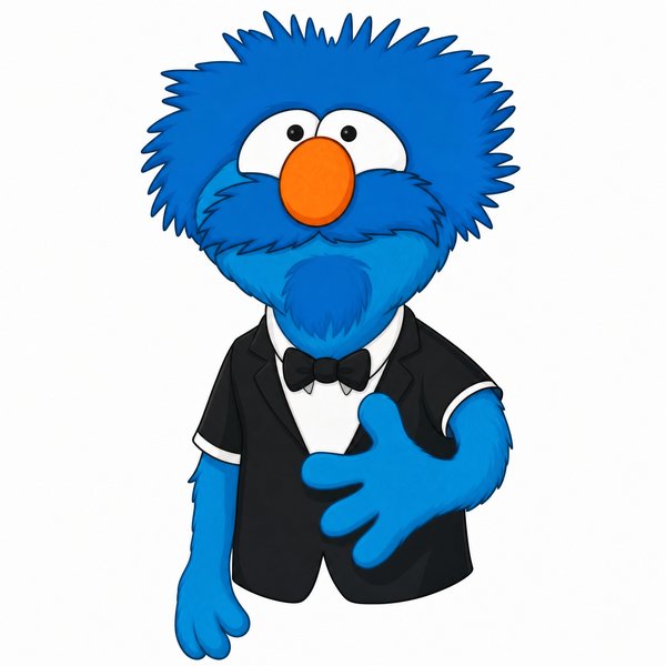 Professor Cornelius von Birdbeak, a blue shaggy-haired professor in a black waistcoat and bow tie (playbill drawing)