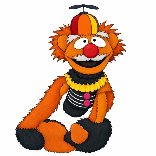 Maxwell the Clown, a shaggy orange puppet in a striped propeller beanie with a red nose (playbill render)