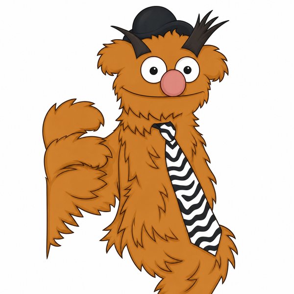 Medford the Merry Monster, a shaggy orange monster in a small black bowler hat and zigzag tie (playbill drawing)