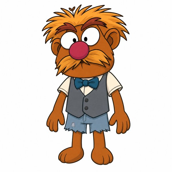 Philmore P. Whitten, a puppet with spiky orange-brown hair, a shaggy moustache and a blue bow tie (playbill render)