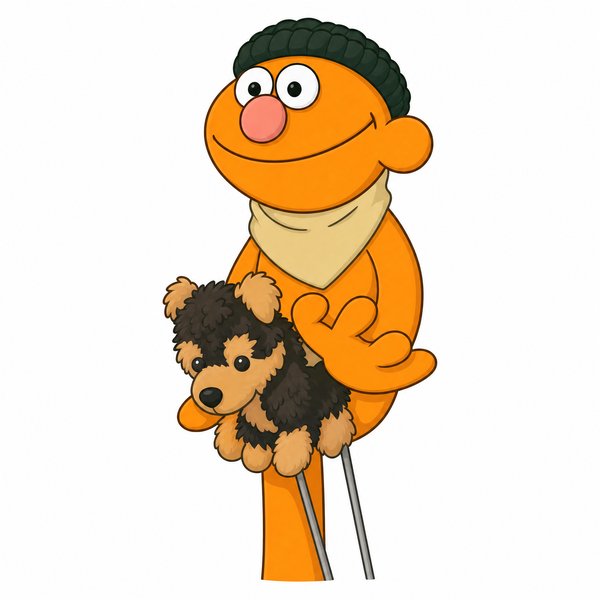Sammy, an orange puppet in a dark green beanie holding his stuffed animal Puppy Dog (playbill drawing)