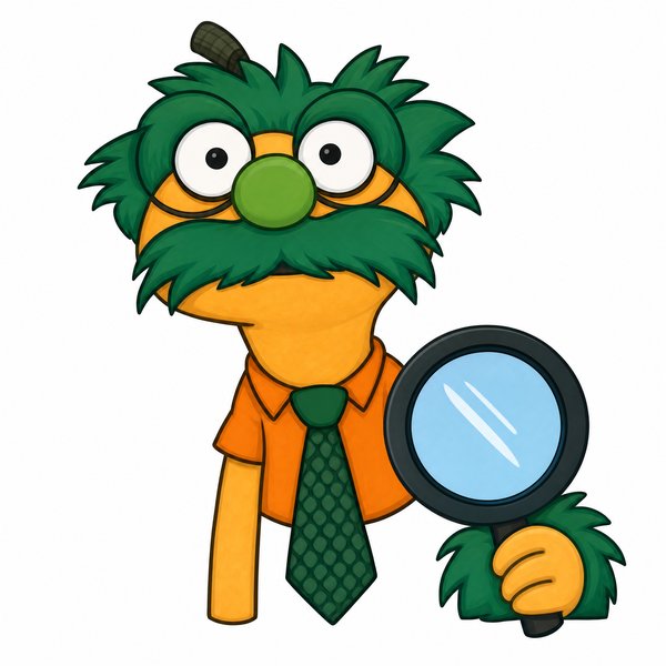 Shamrock Holmes, a green-haired, green-mustached detective holding a big magnifying glass (playbill drawing)