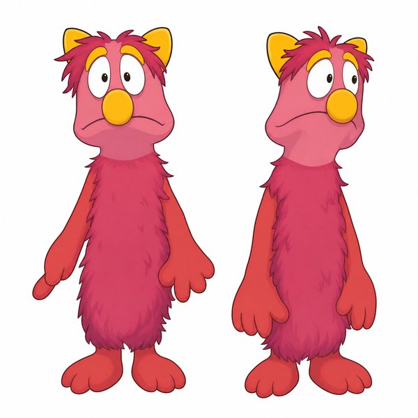 The Sooflay Sisters, two pink puppets with yellow cat-like ears and red fuzzy bodies (playbill render)