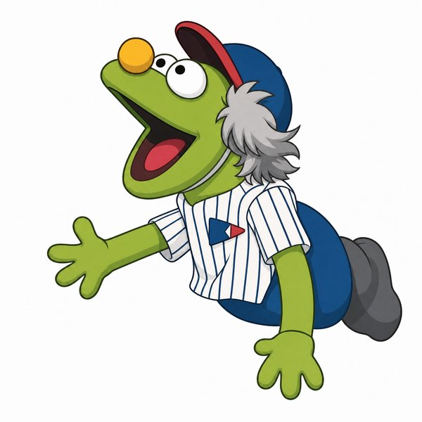Zippy Fitzgerald, a bright green puppet in a blue baseball cap and pinstripe jersey (playbill render)
